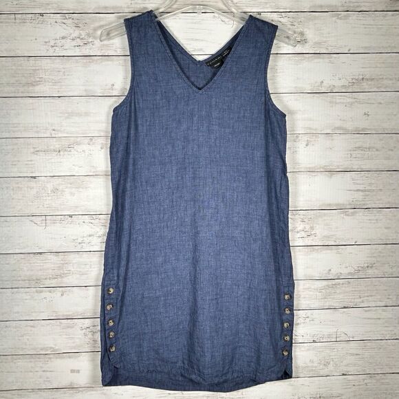 Tahari Womens Dress Shift Blue Linen Buttons Sleeveless XS V-Neck Summer Travel - Picture 2 of 7